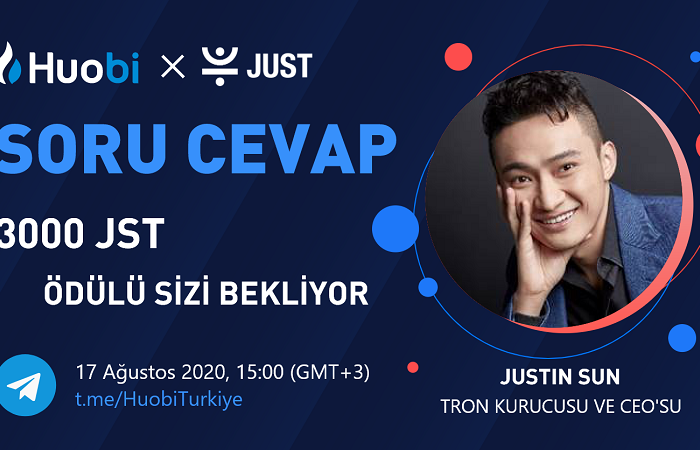 Huobi Türkiye TRON Kurucusu ve CEO’su Justin Sun’ı 3.000 JST (JUST) ödüllü bir soru cevap oturumunda ağırlıyor