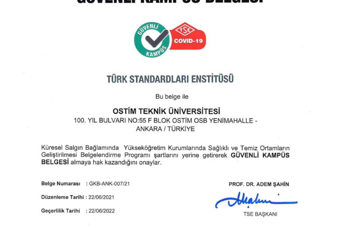 OSTİM Teknik Üniversitesi Sağlıklı ve Güvenli Kampüs Belgesi Aldı!